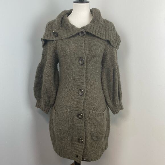 Free People Taupe Wool Blend Balloon Sleeve Cowl Neck Cardigan Sweater Small - Picture 1 of 8